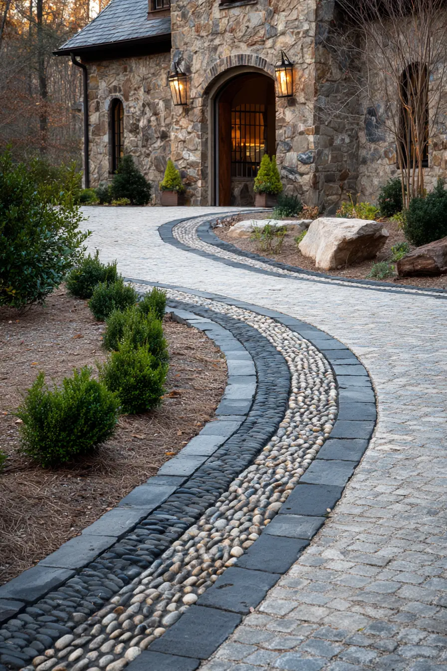 Cobblestone Horseshoe Driveway with Pebble Accents