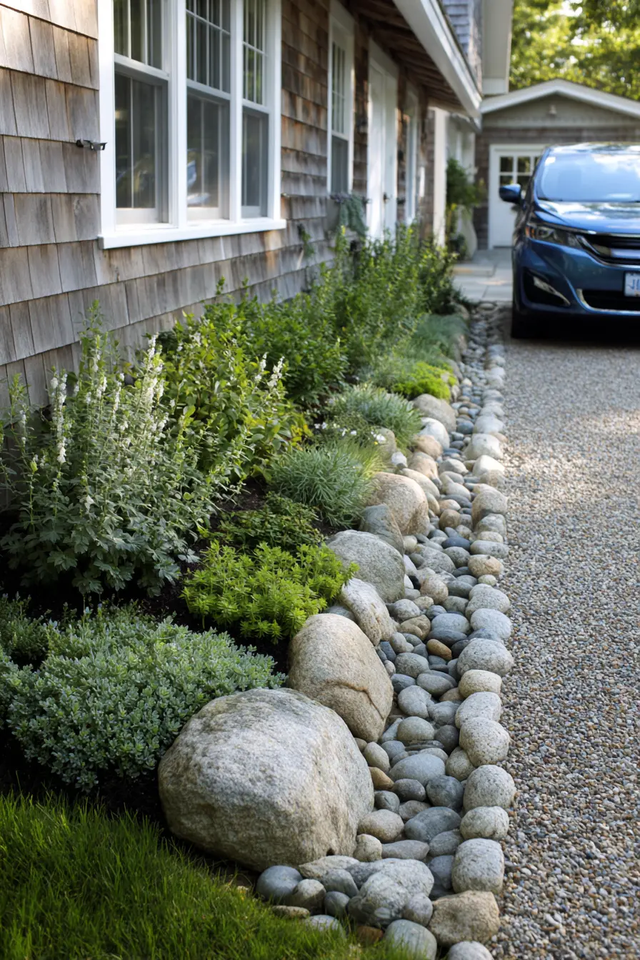 Cozy Driveway Border with River Rocks and Greenery