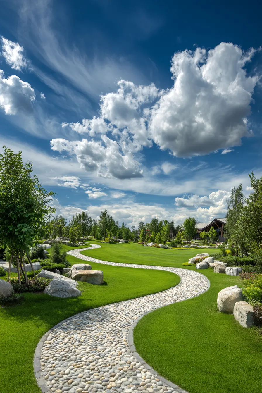 Curved Pebble Pathway Through Lawn