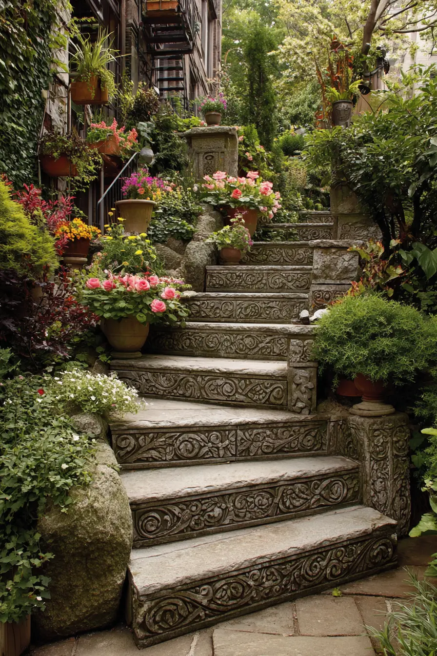 Ornate Stone Garden Stairs with Floral Charm