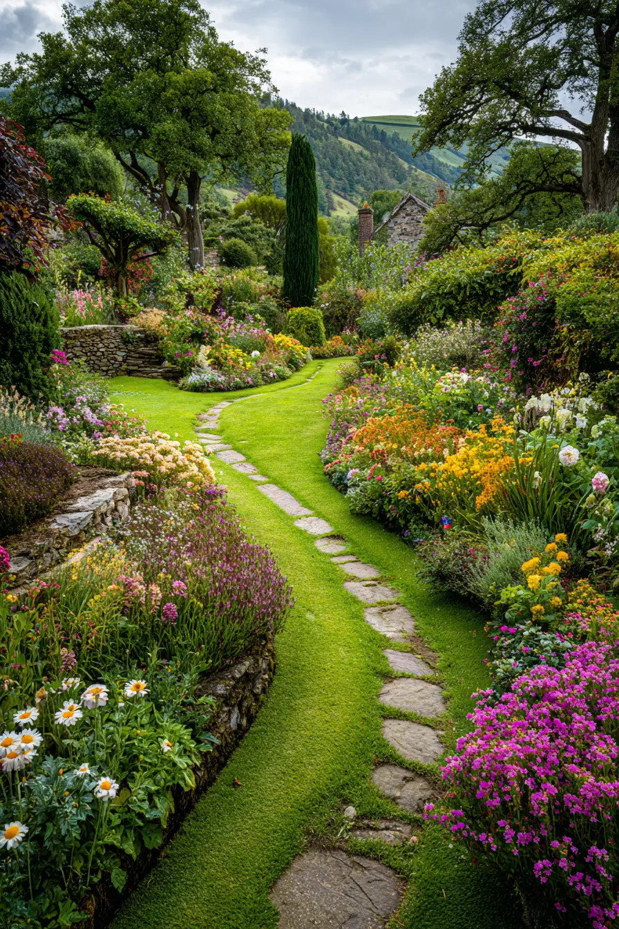 Storybook Garden with Grass and Stone Path