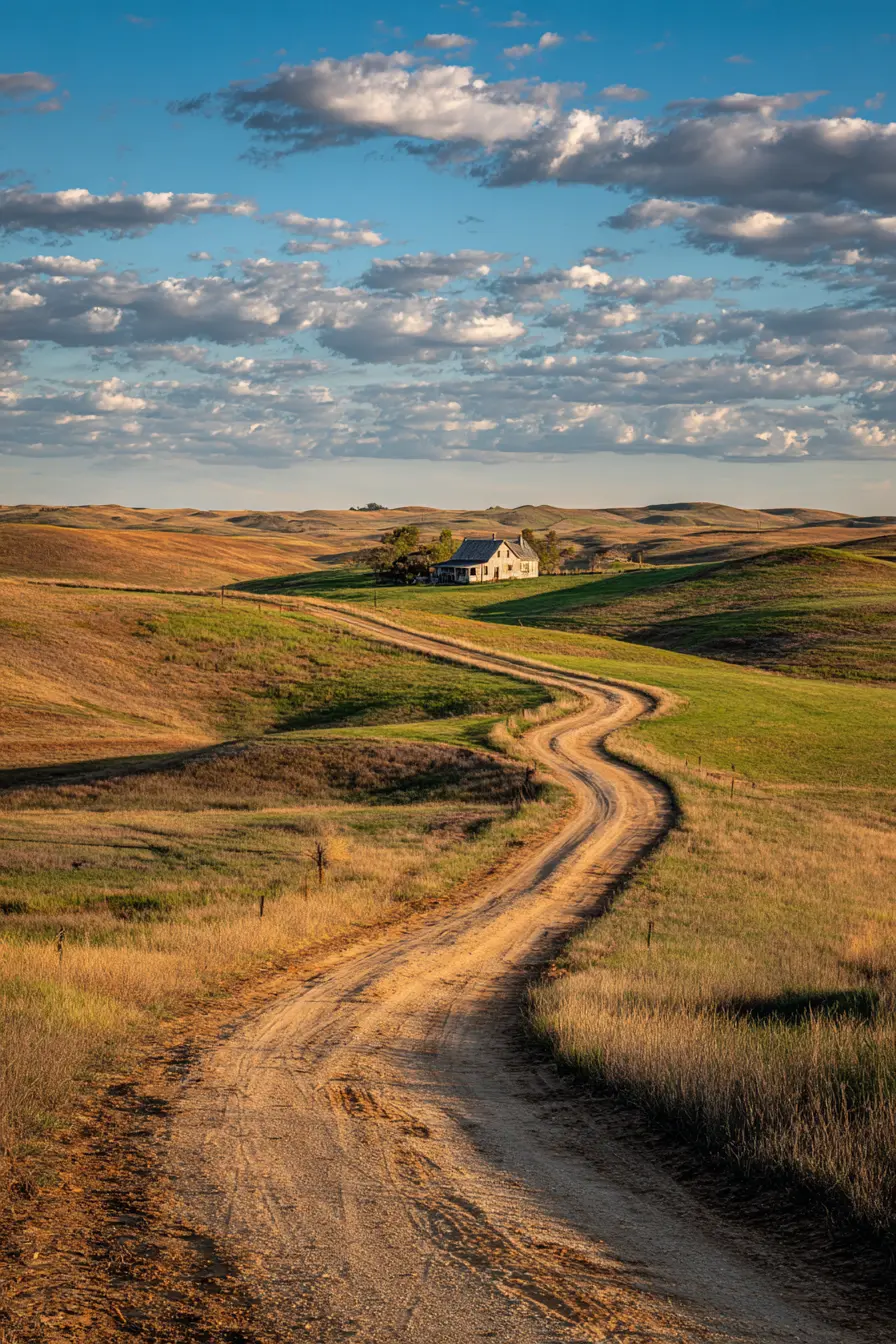 Winding Dirt Driveway Through Rolling Hills
