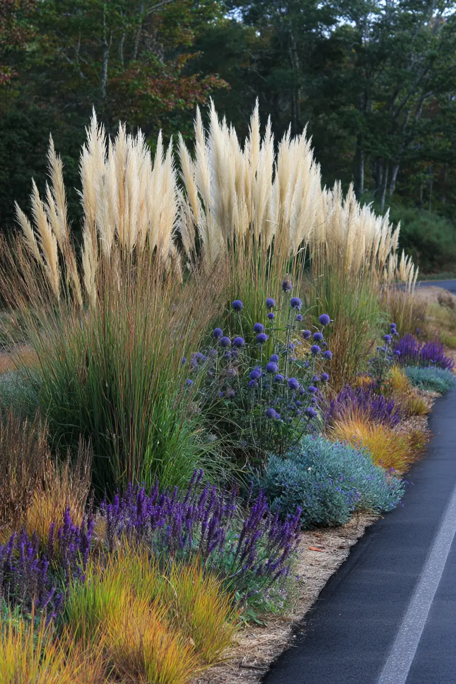 Driveway Island with Pampas Grass and Wild Hues