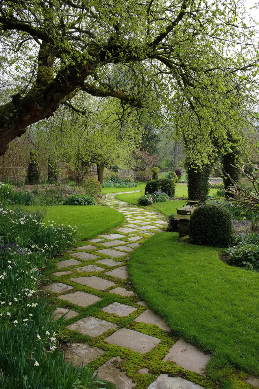 Diagonal Stone Path with Moss Accents