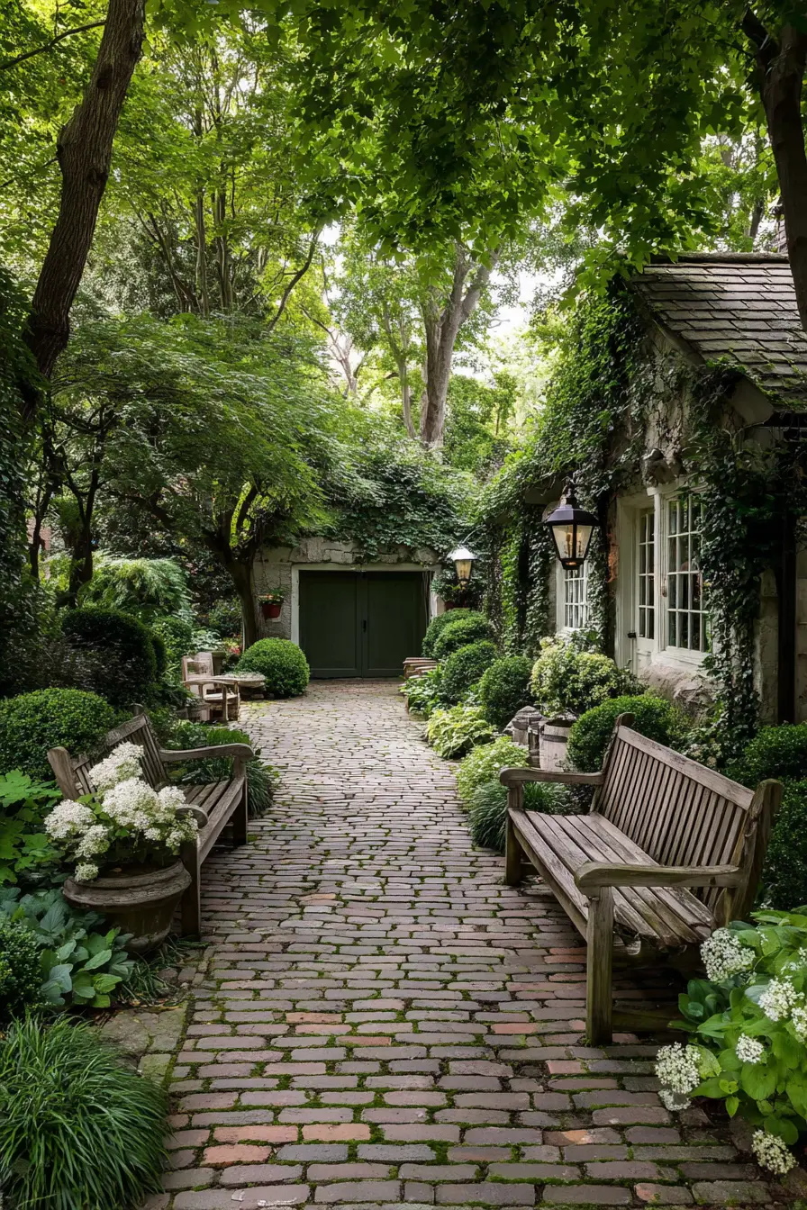 Cottage-Inspired Driveway with Brick Path