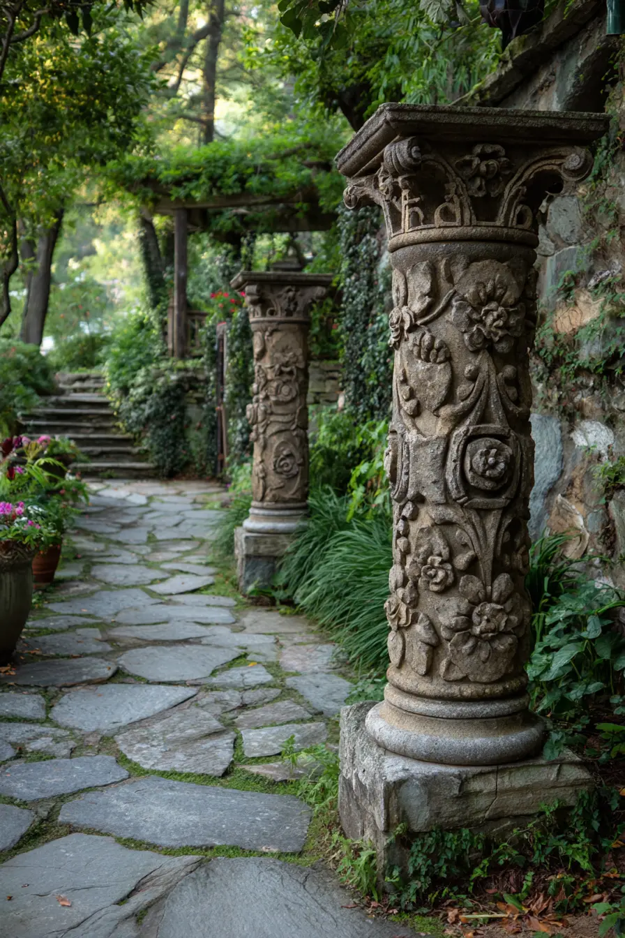 Ornate Stone Pillars with Garden Path