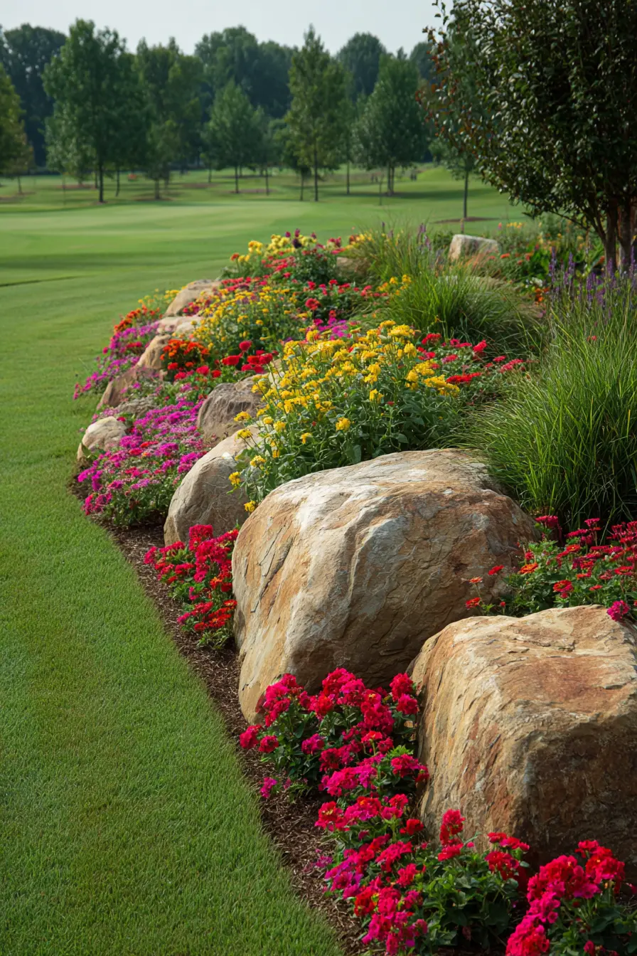 Bold Rock Border with Colorful Flower Beds