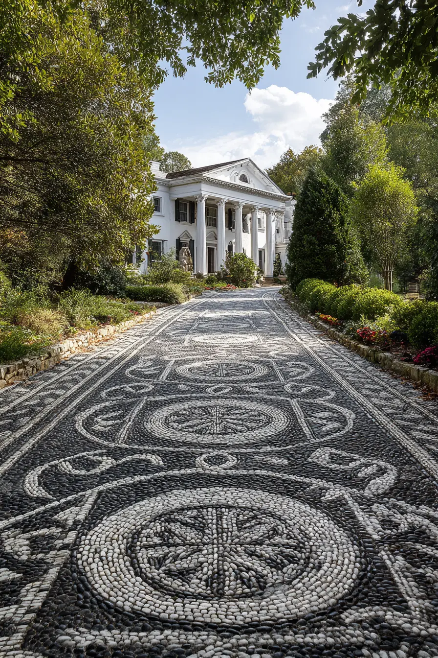 Artistic Gravel Driveway with Pebble Mosaic