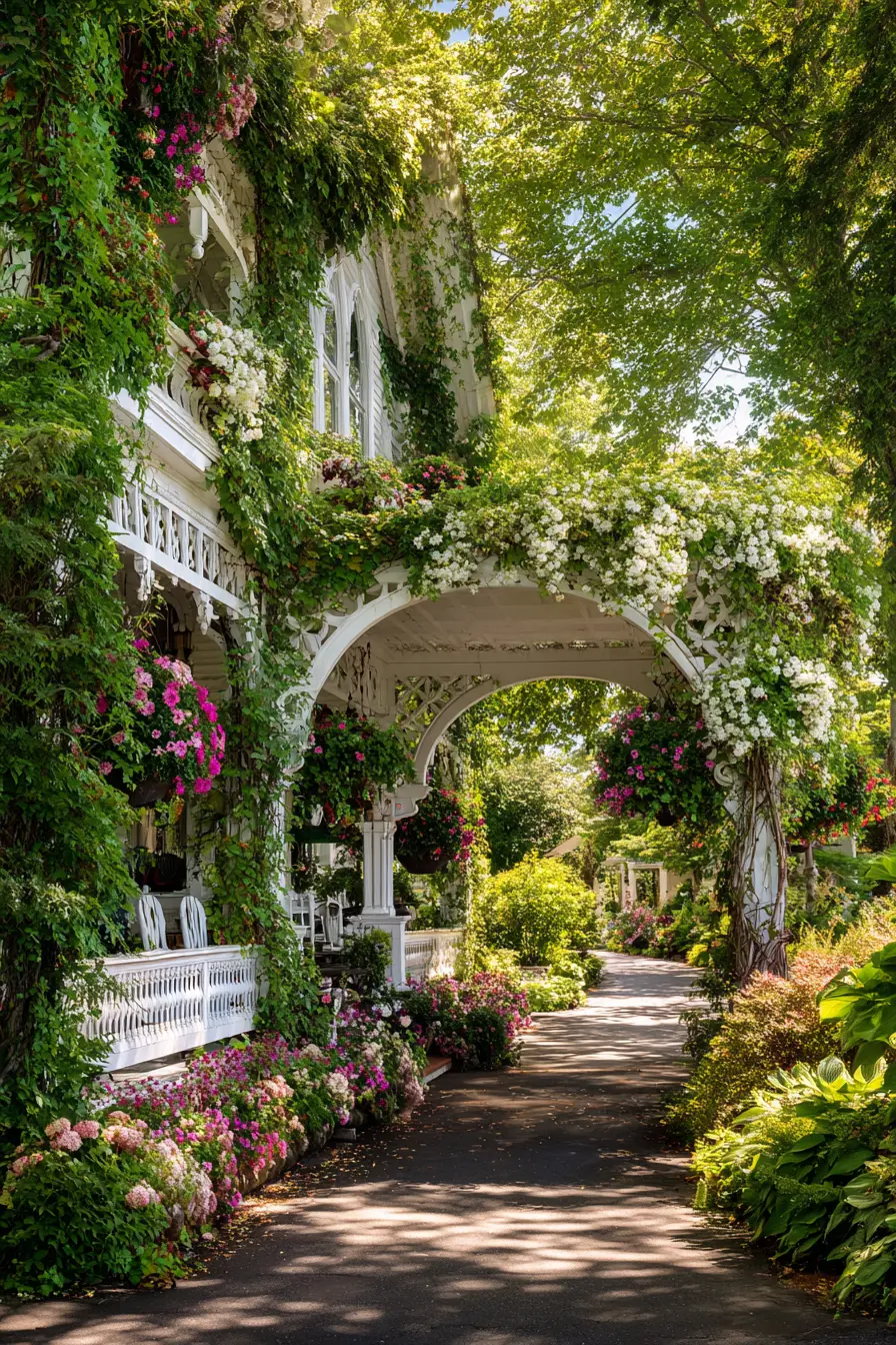 Driveway Lined with Cascading Flowers and Greenery