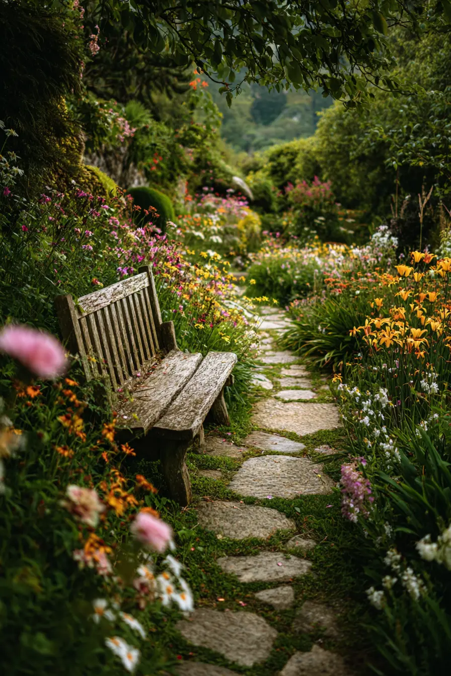 Flagstone Pathway with Garden Bench
