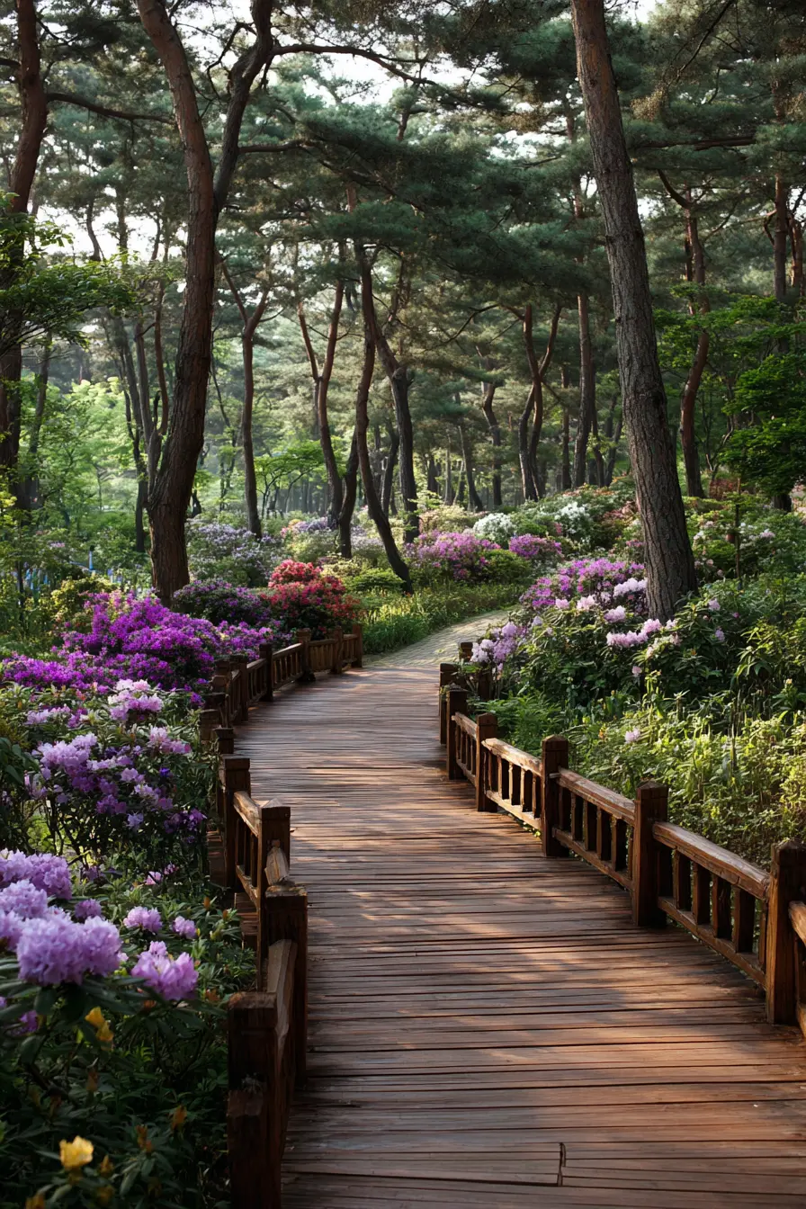 Wooden Walkway Through a Blooming Forest