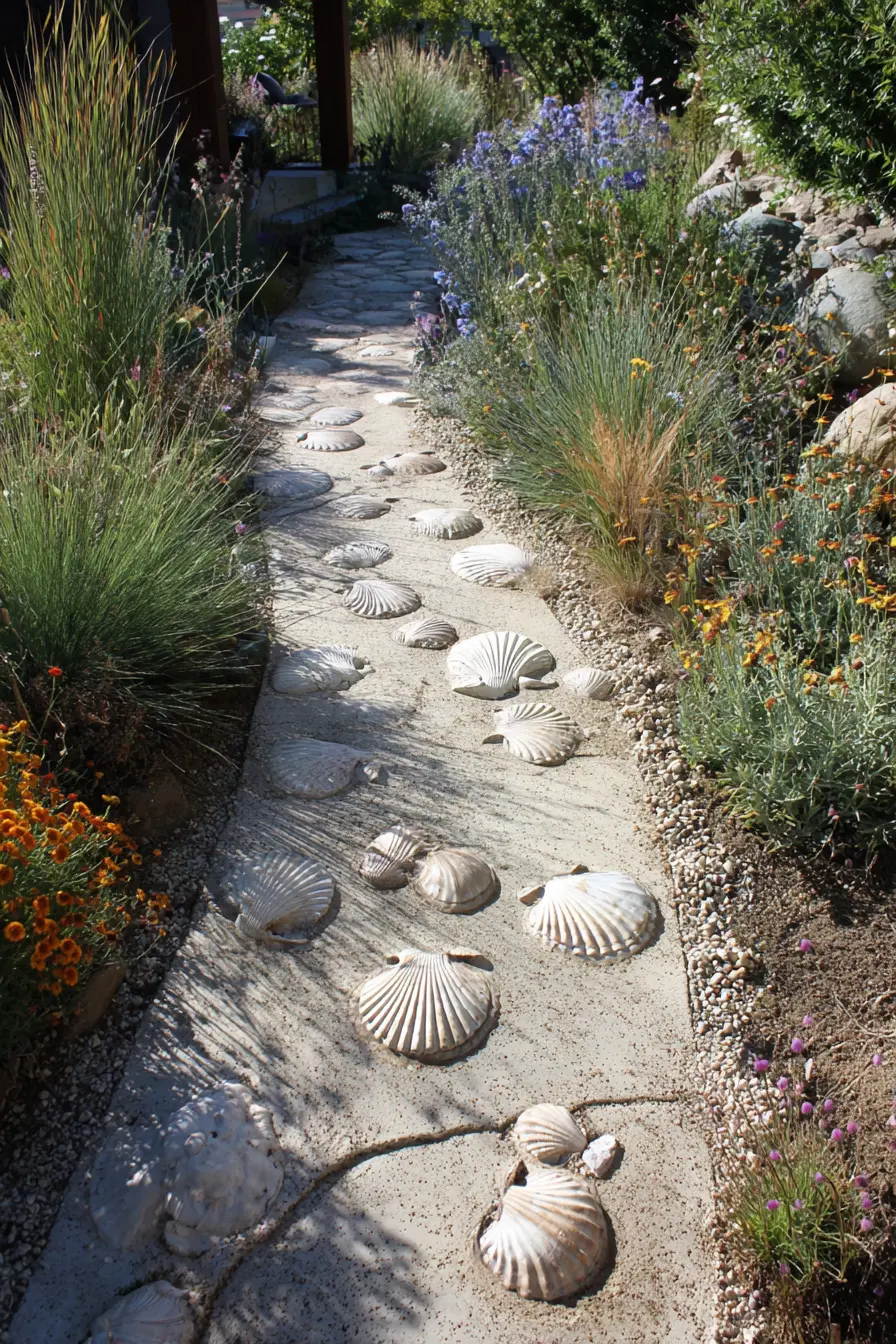 Seashell Embedded Cement Walkway