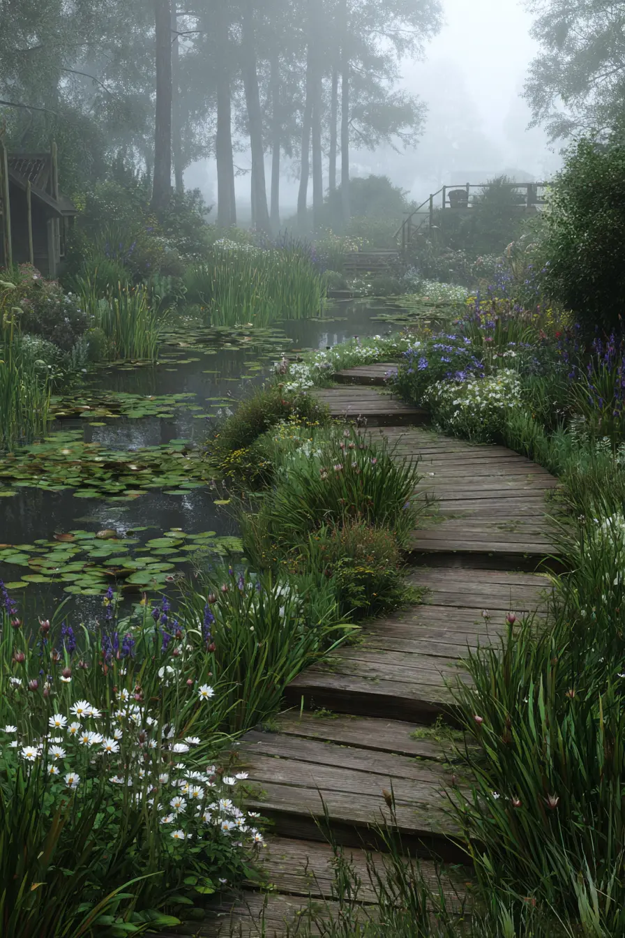 Wooden Pathway Beside a Tranquil Pond