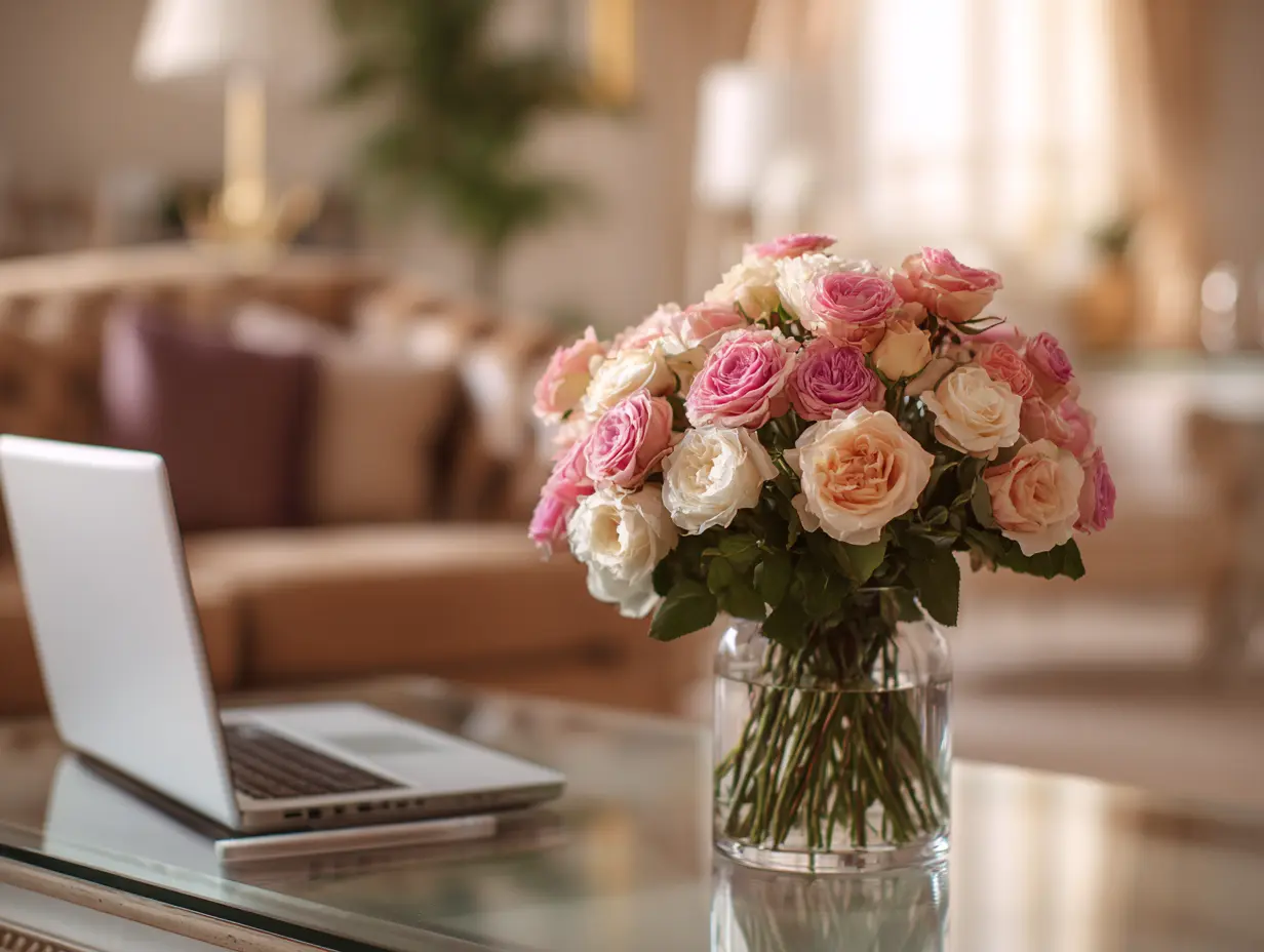 Adorn Your Desk With a Bunch of Roses in a Sleek Vase for Timeless Elegance