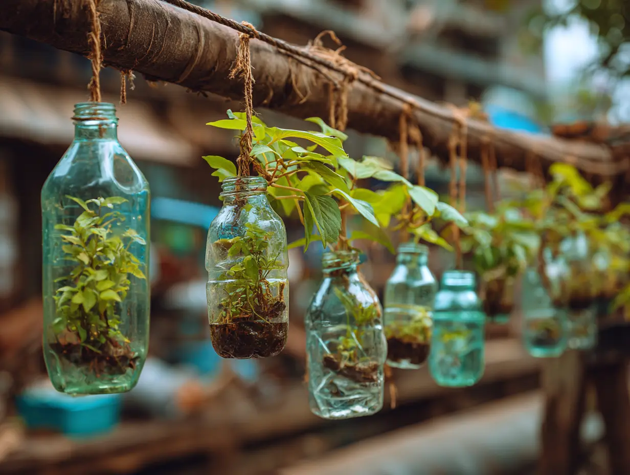 Cut Plastic Bottles Into Planters and Hang Them Using Strings or Wire