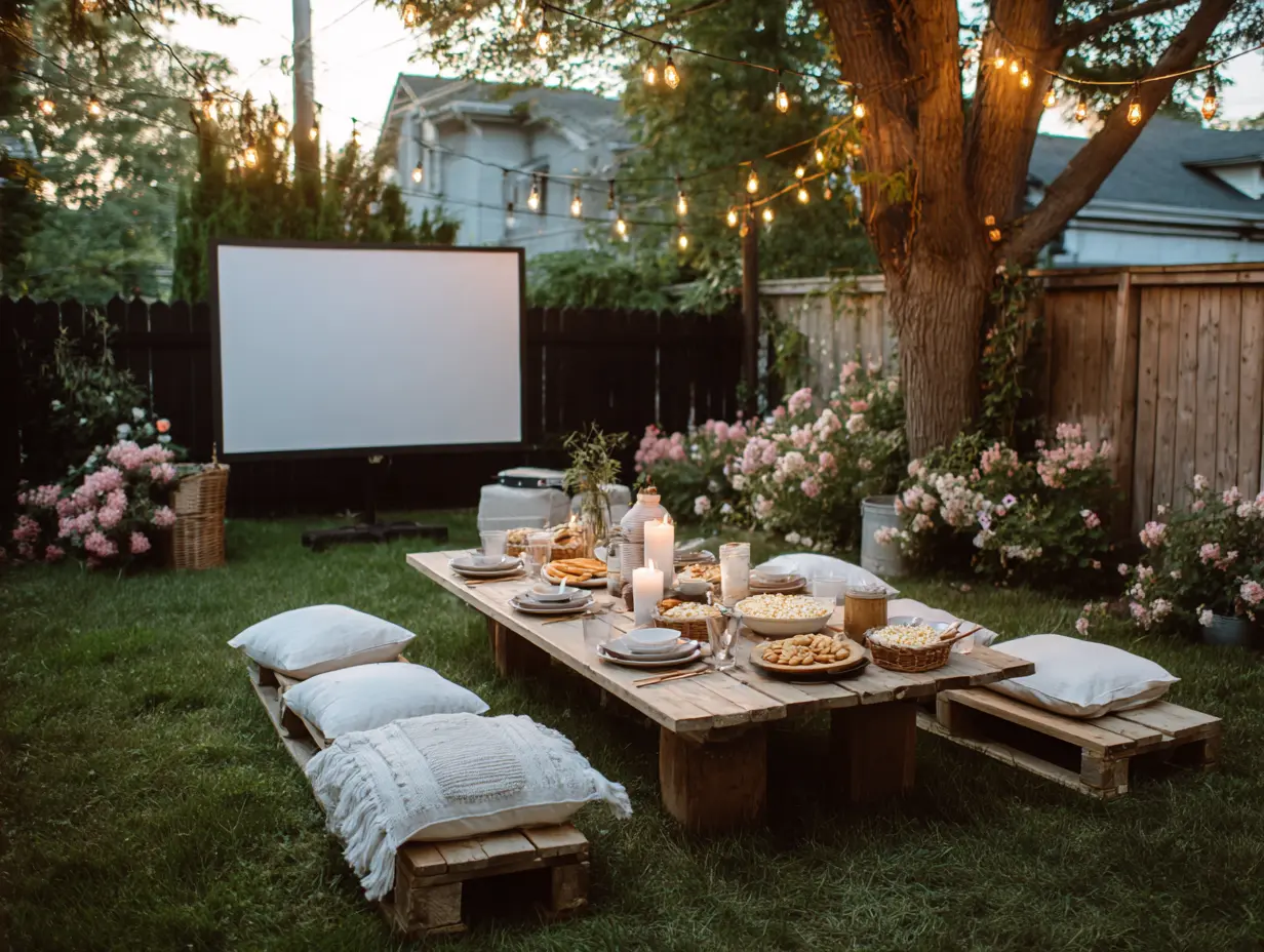 Organize an Outdoor Movie Area With a Simple White Sheet and Projector