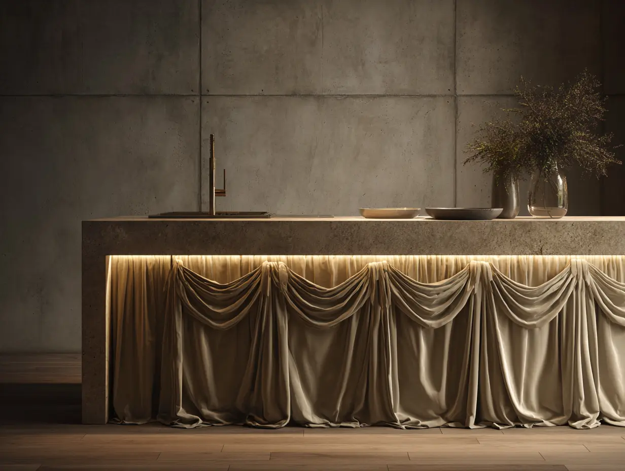 Replace Lower Cabinet Doors With Fabric Skirts for a Soft Look