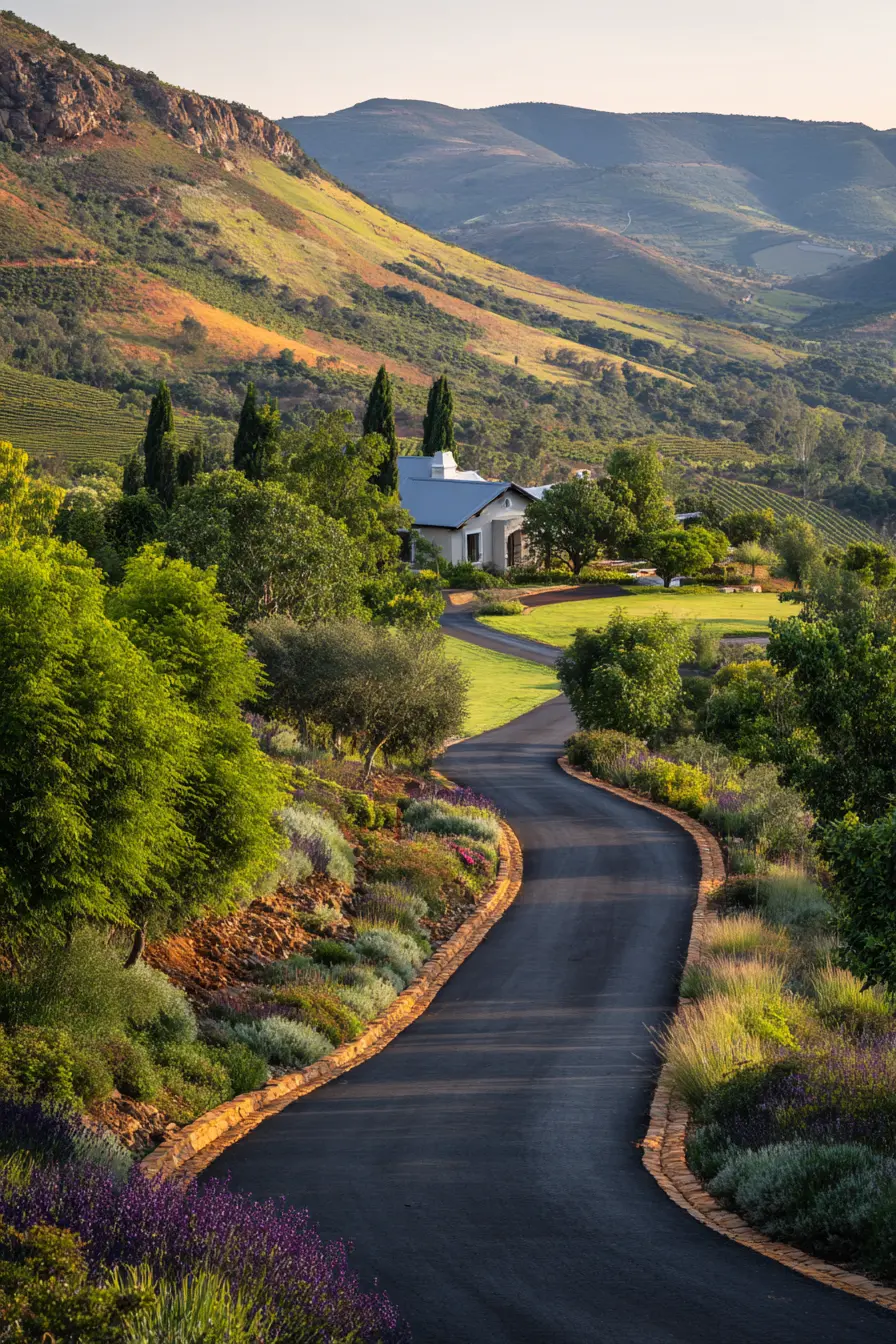 Winding Blacktop Driveway in Scenic Mountain Setting