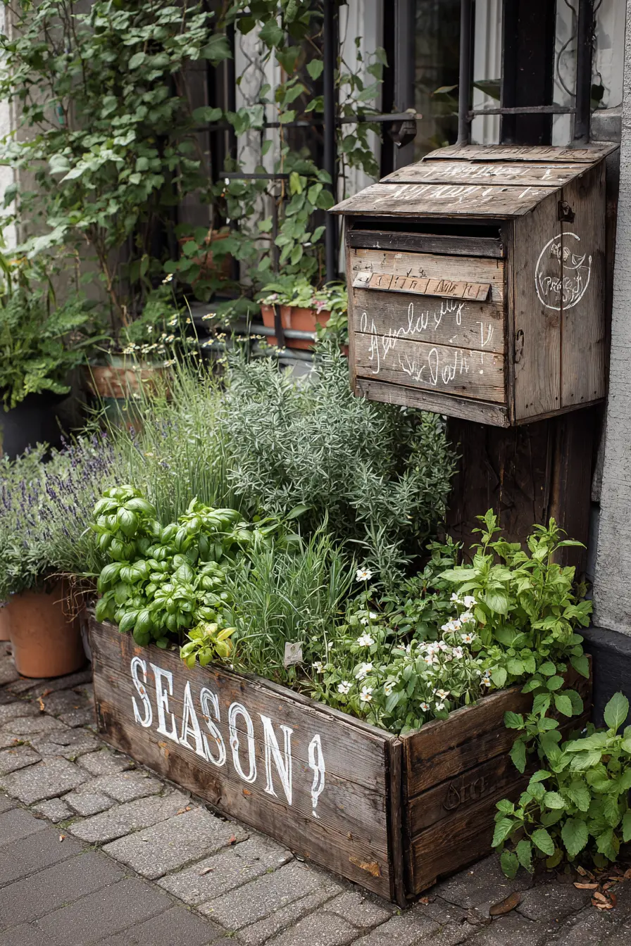 Rustic Wooden Mailbox with Herb Garden Base