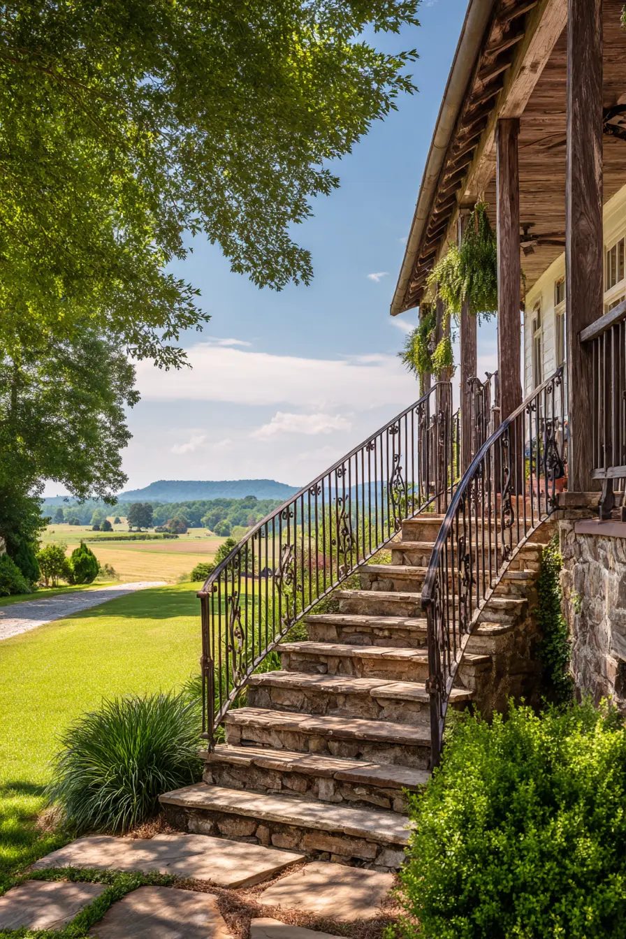 Rustic Wrought Iron Ramp Handrail with Stone Steps
