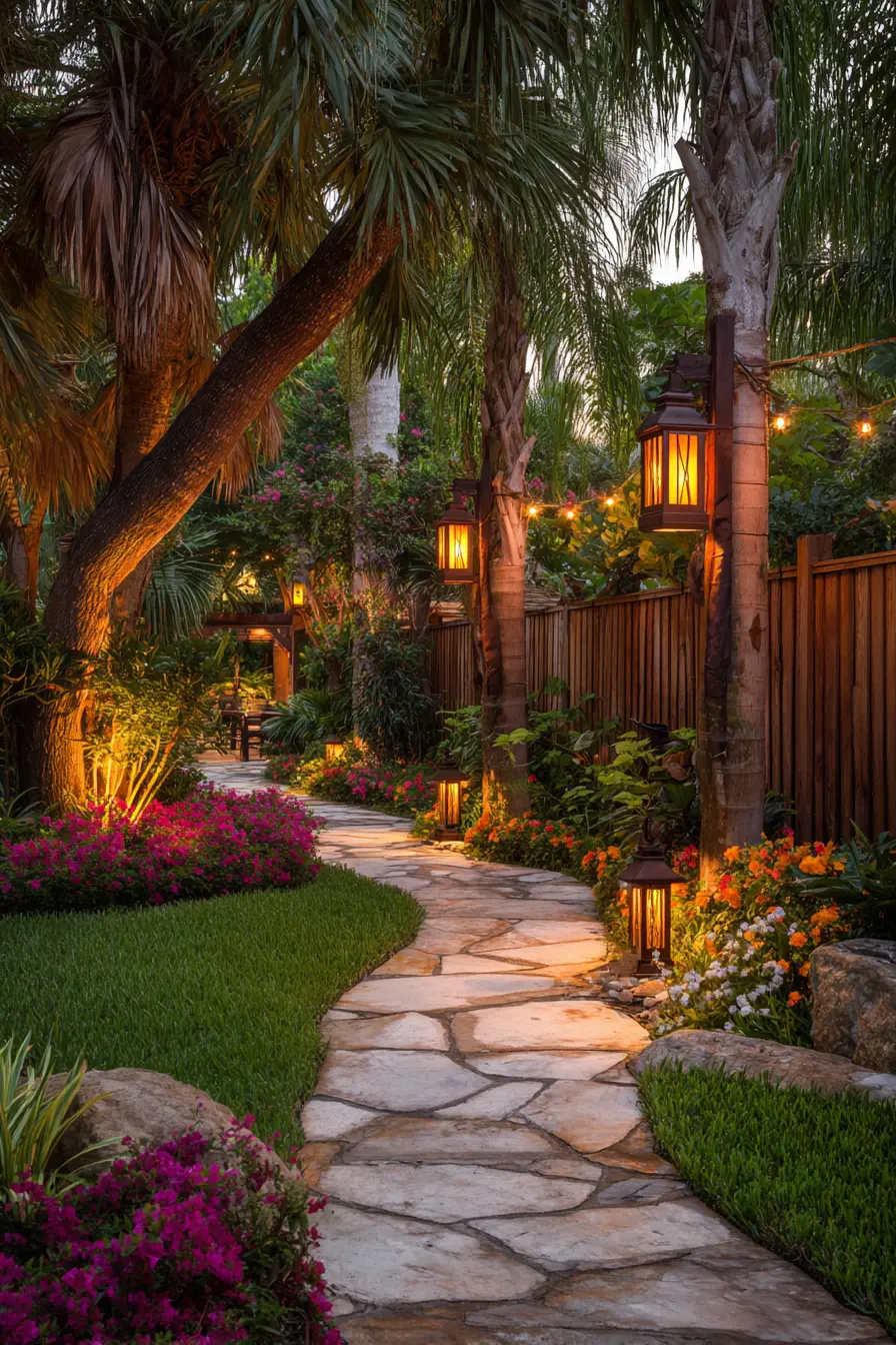 Tropical Pathway Lighting with Warm Lantern Glow