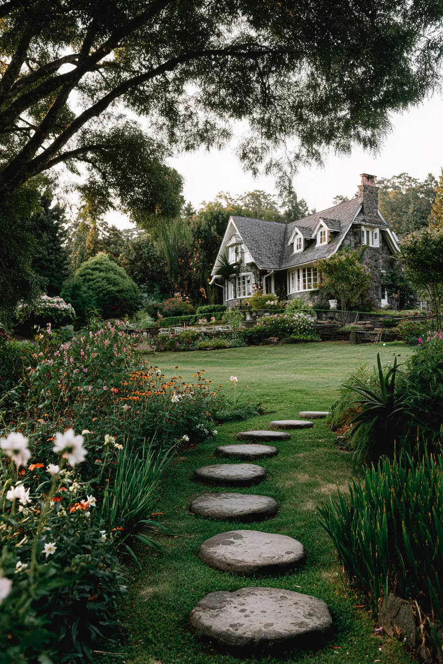 Rustic Concrete Stepping Stones Through a Lush Garden