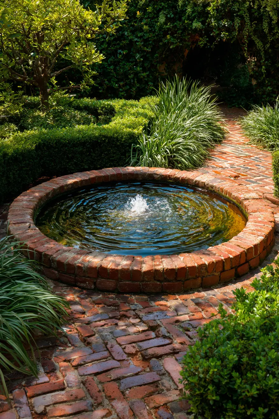 Circular Brick Fountain with Garden Pathway