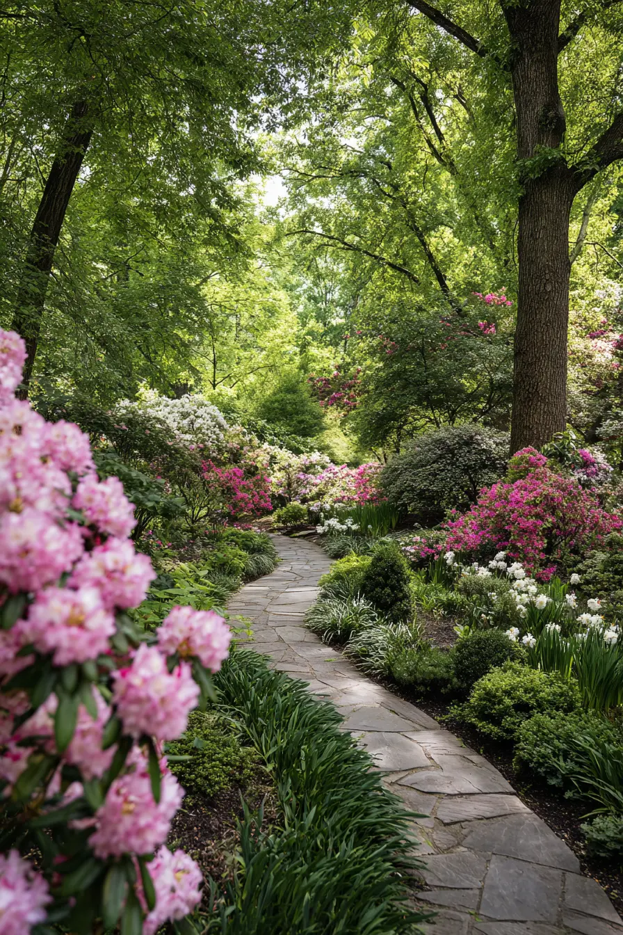 Flagstone Walkway Framed by Blossoming Gardens