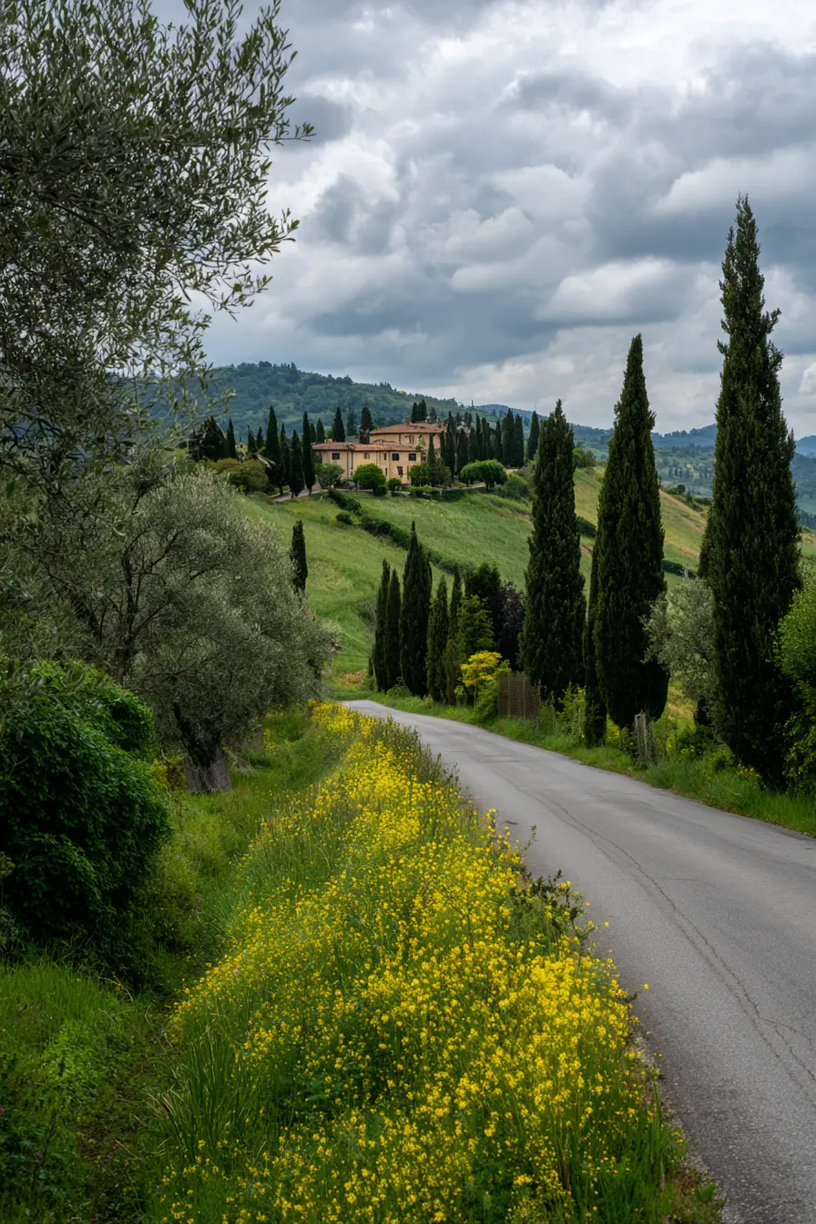 Countryside Driveway Lined with Cypress Trees