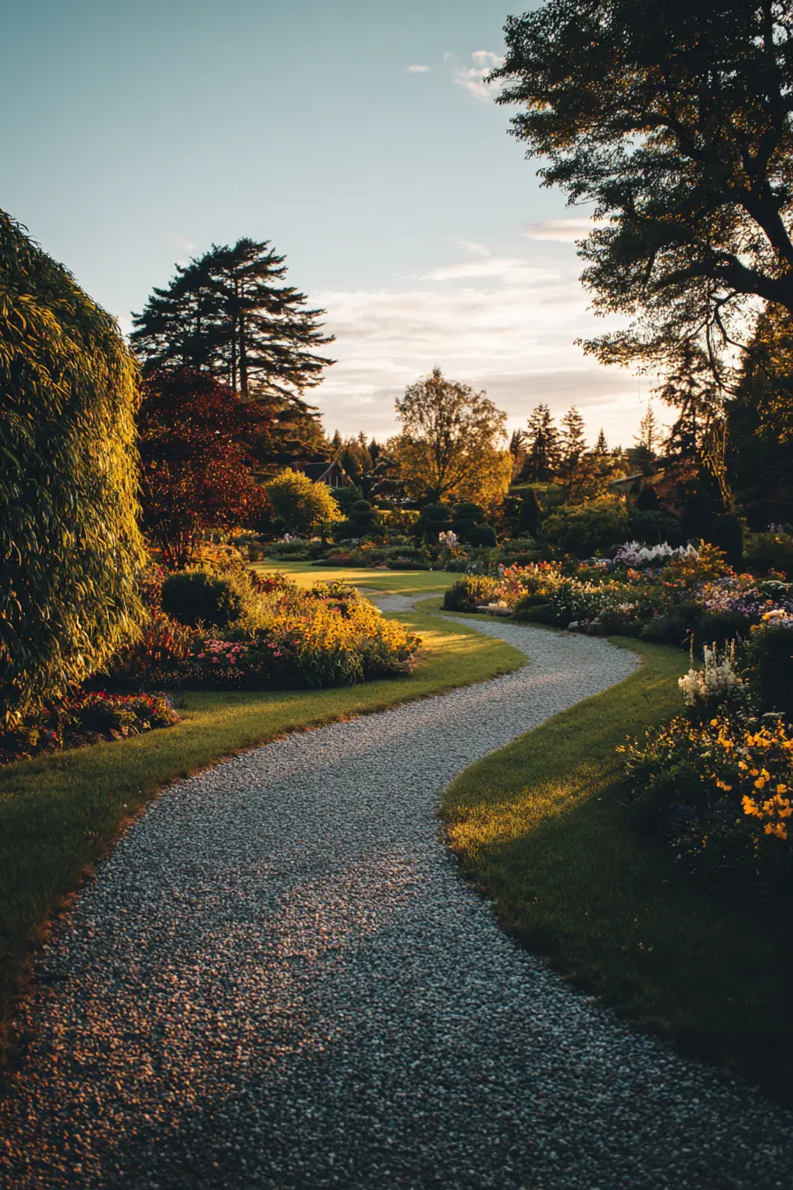 Sunset Grassy Path with Curved Gravel Walkway