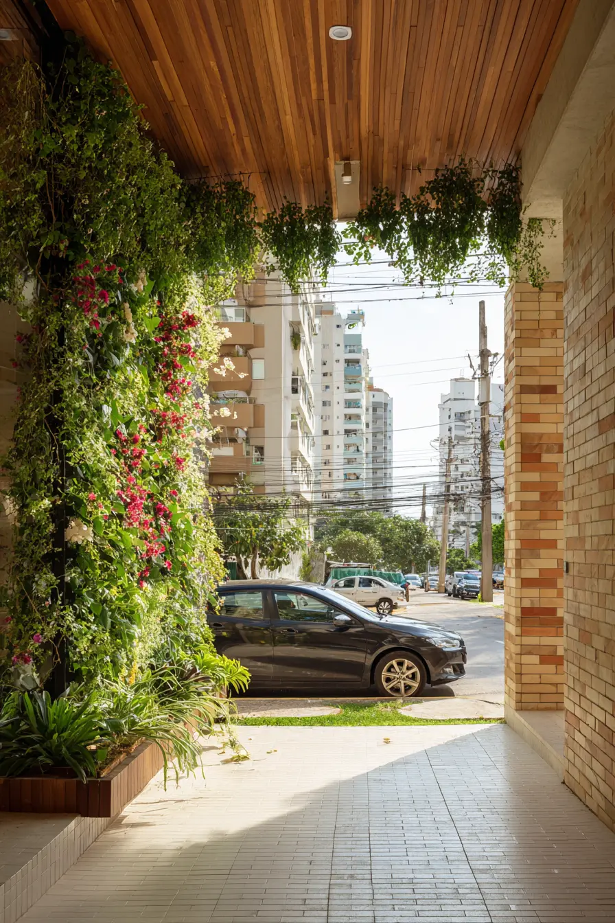 Modern Brick Driveway with Vertical Garden