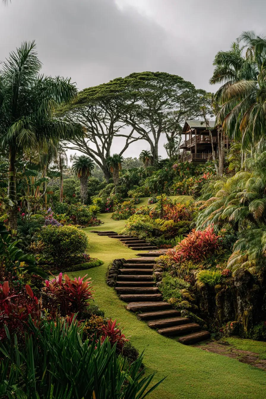 Wooden Steps Winding Through a Tropical Garden