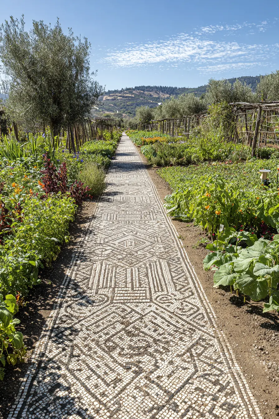 Ornate Mosaic Pathway Through a Garden of Greens