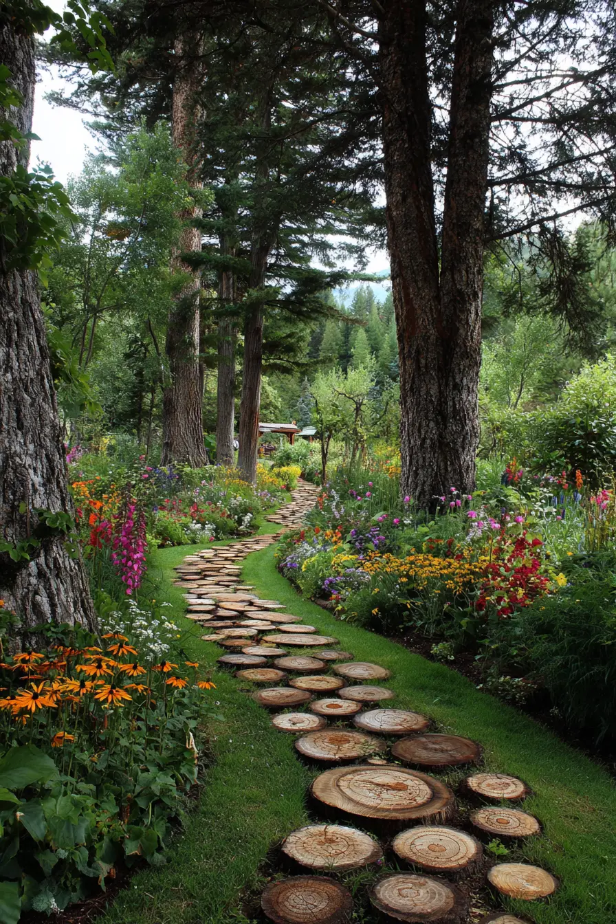 Tree Slice Pathway Through a Flower Garden