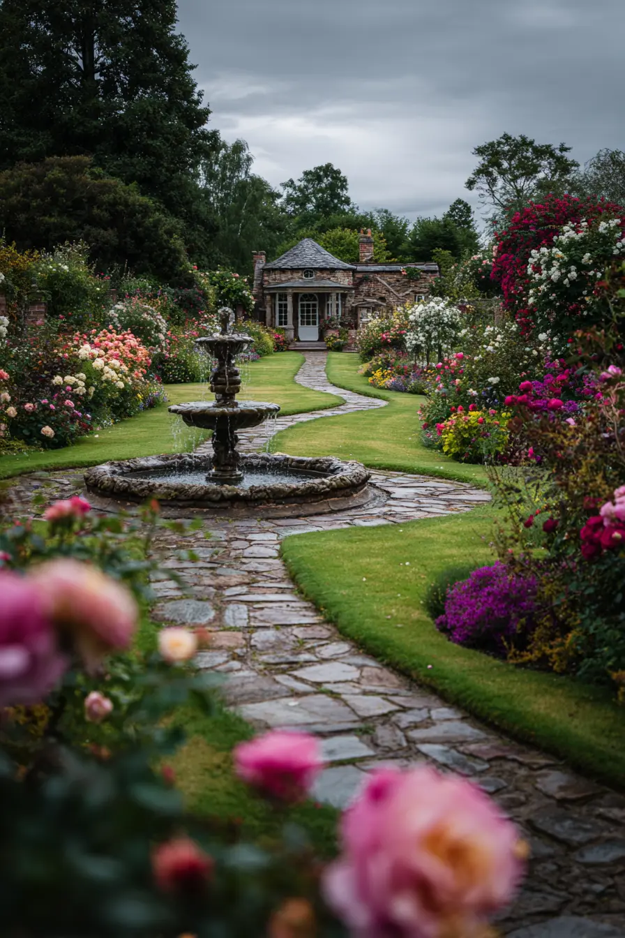 Stone Pavers with a Garden Fountain Path