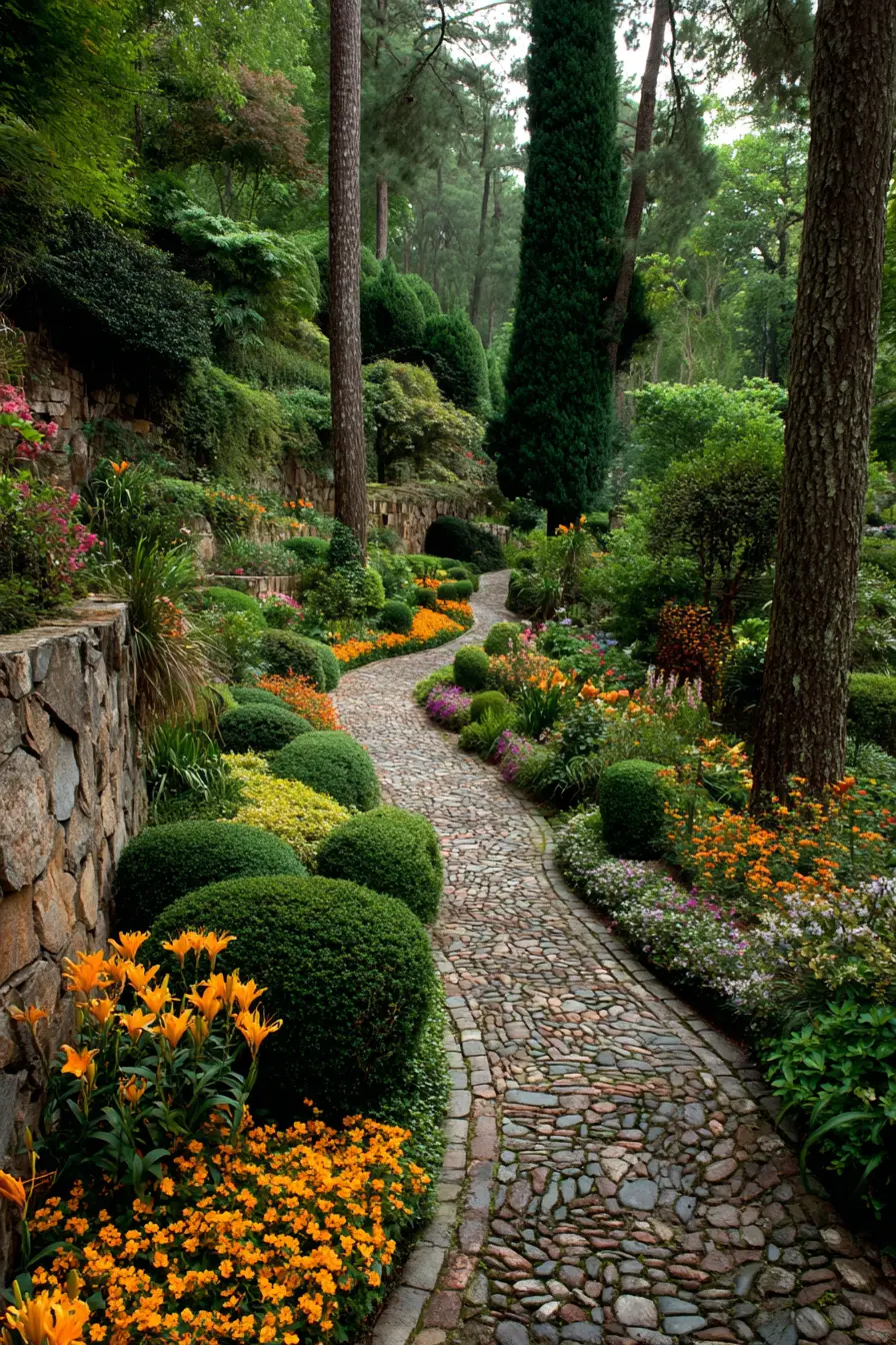 Cobblestone Driveway with Lush Garden Borders