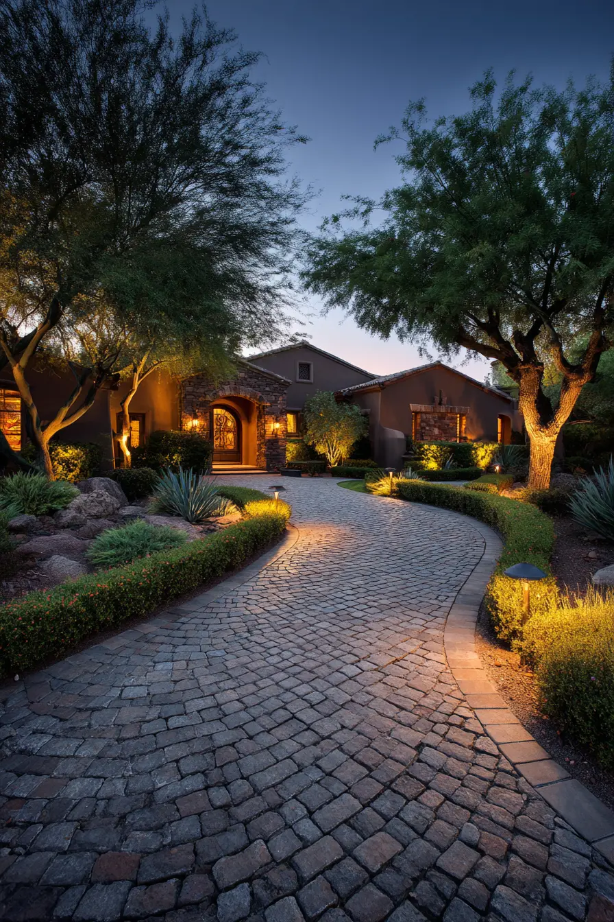 Cobblestone Horseshoe Driveway with Warm Lighting
