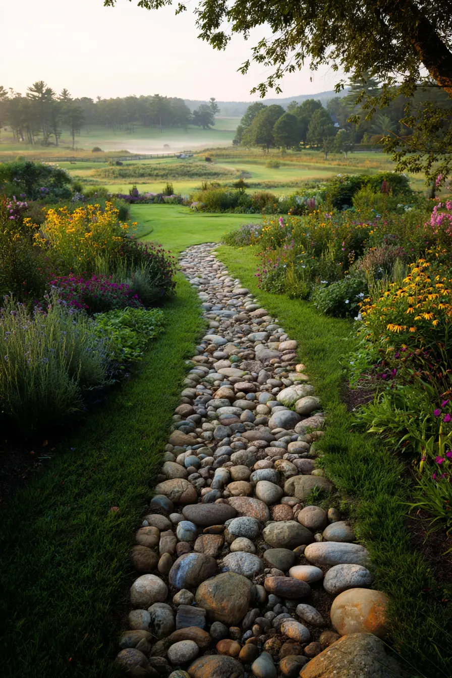 Pebble Grass Walkway Through a Wildflower Garden