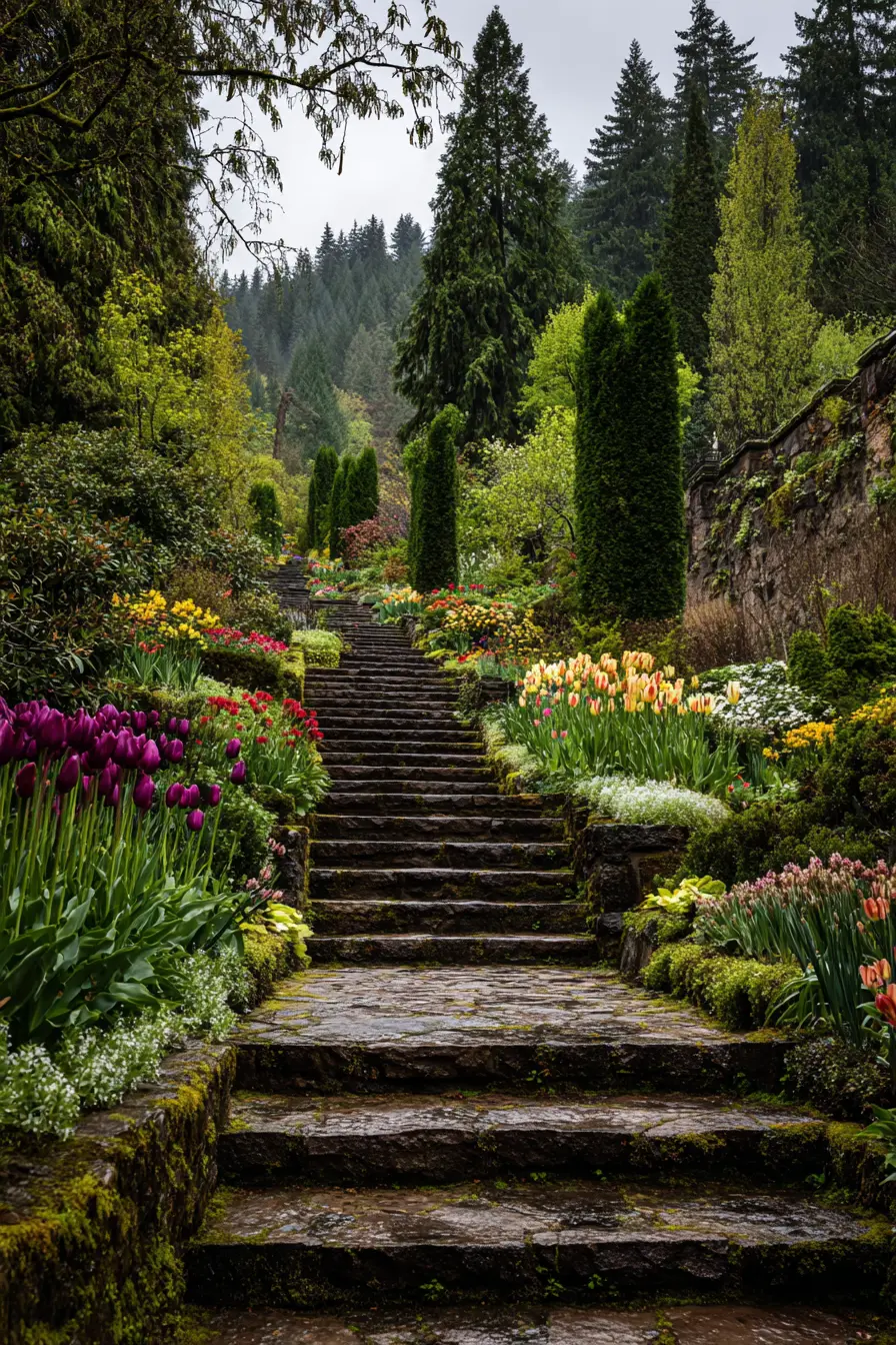 Grand Garden Stairs with Tulip Borders
