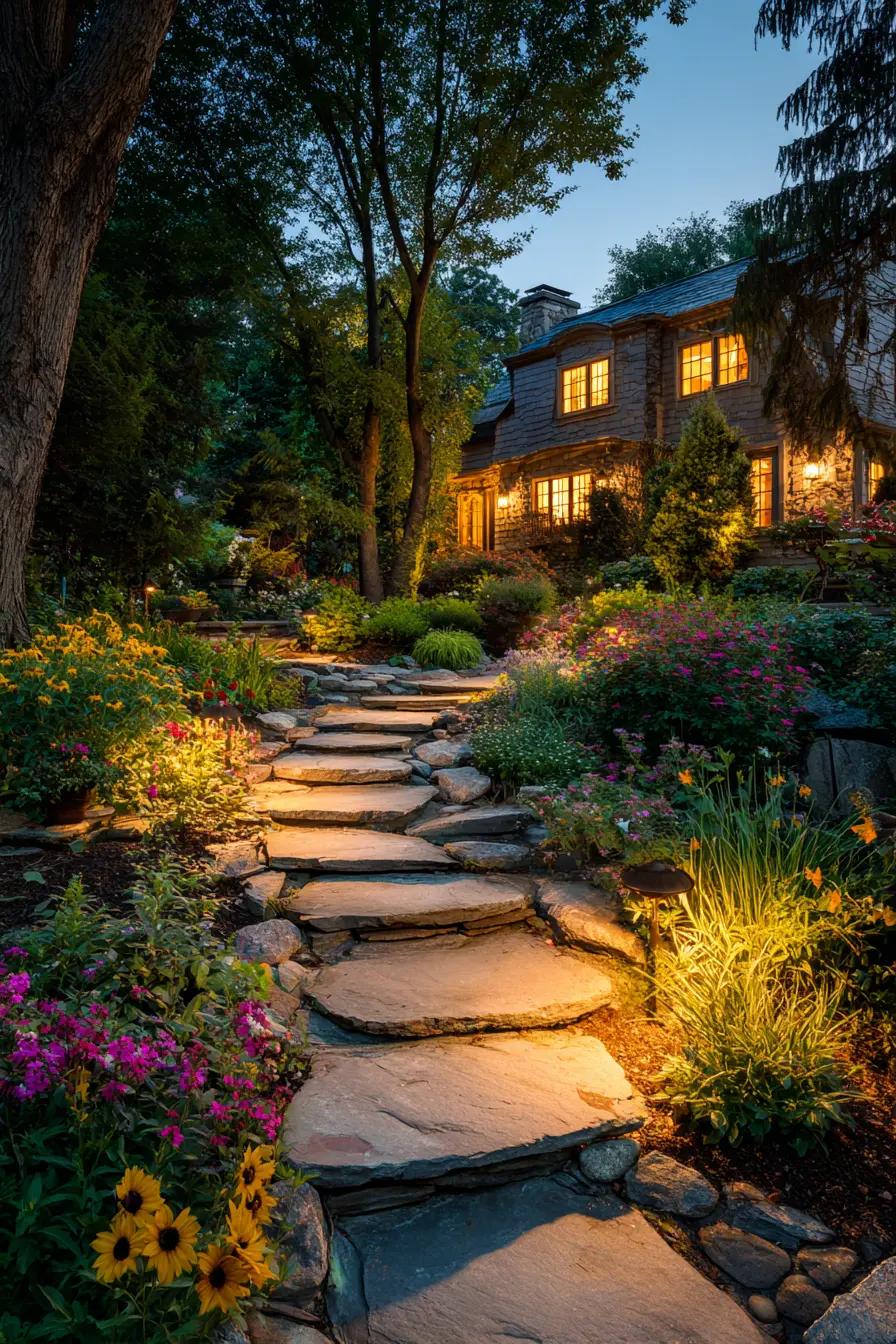 Illuminated Stone Walkway Leading to a Cozy Home