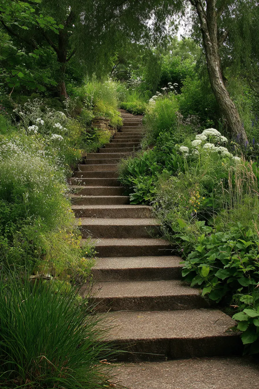 Garden Stairway with Concrete Steps and Wild Greenery