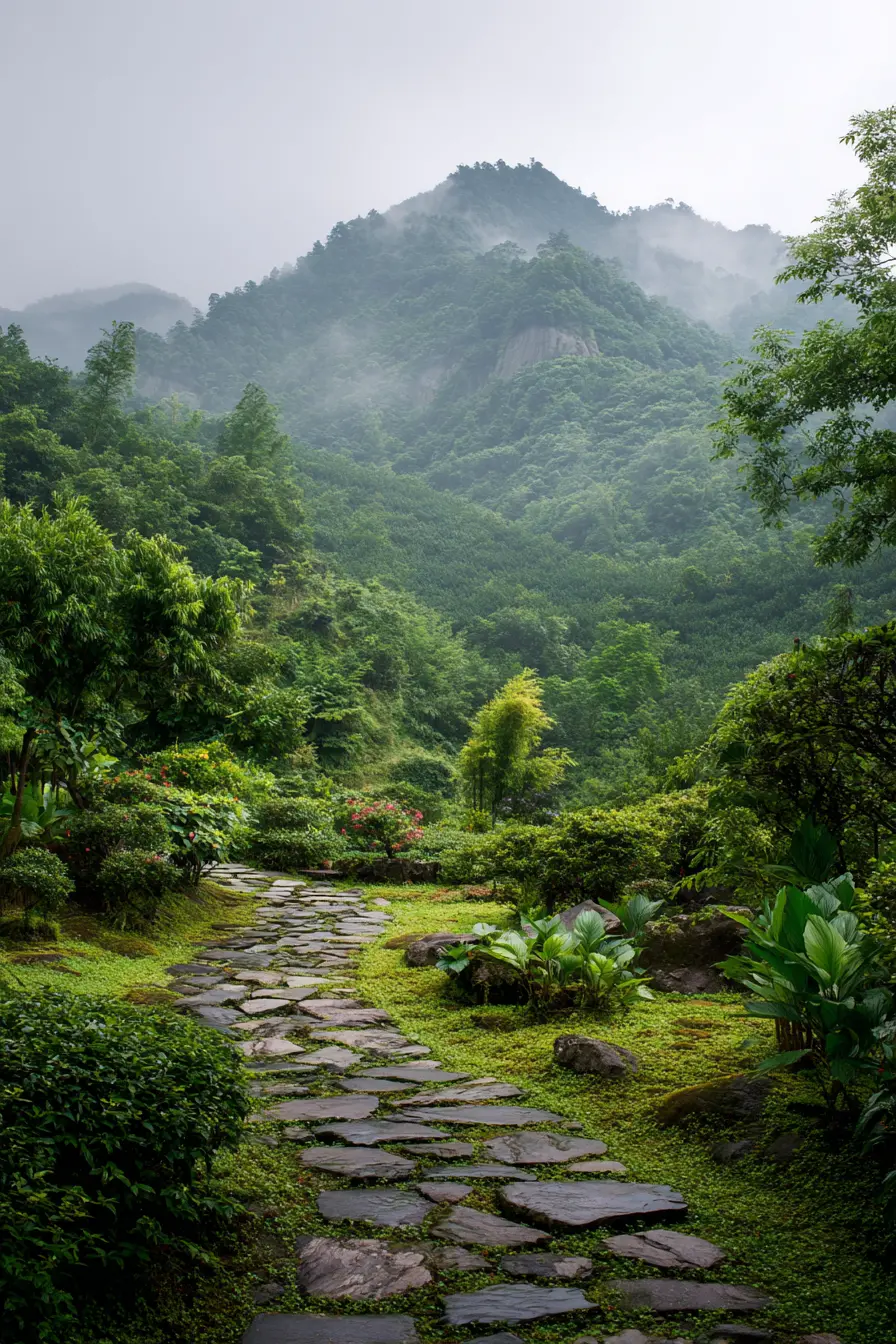Stone Garden Path into Misty Mountains