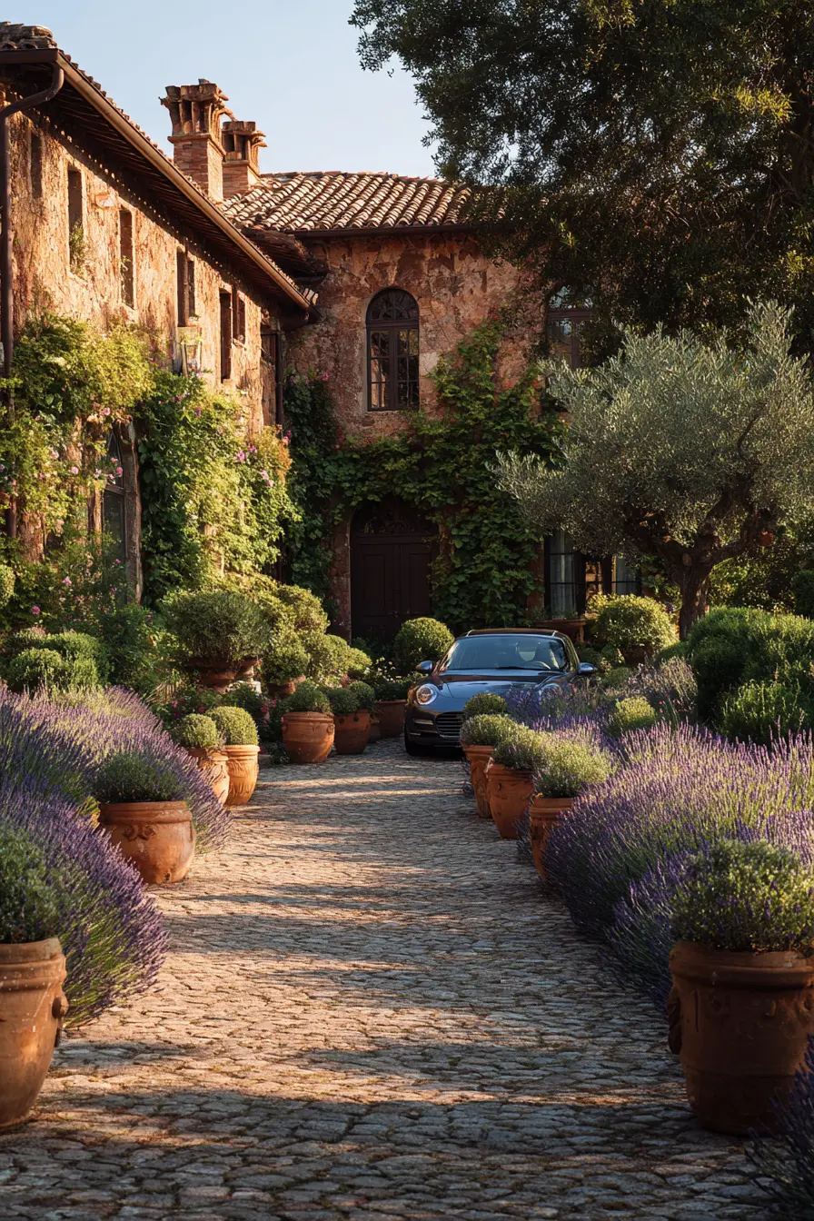 Driveway Island with Tuscan Charm and Potted Greens