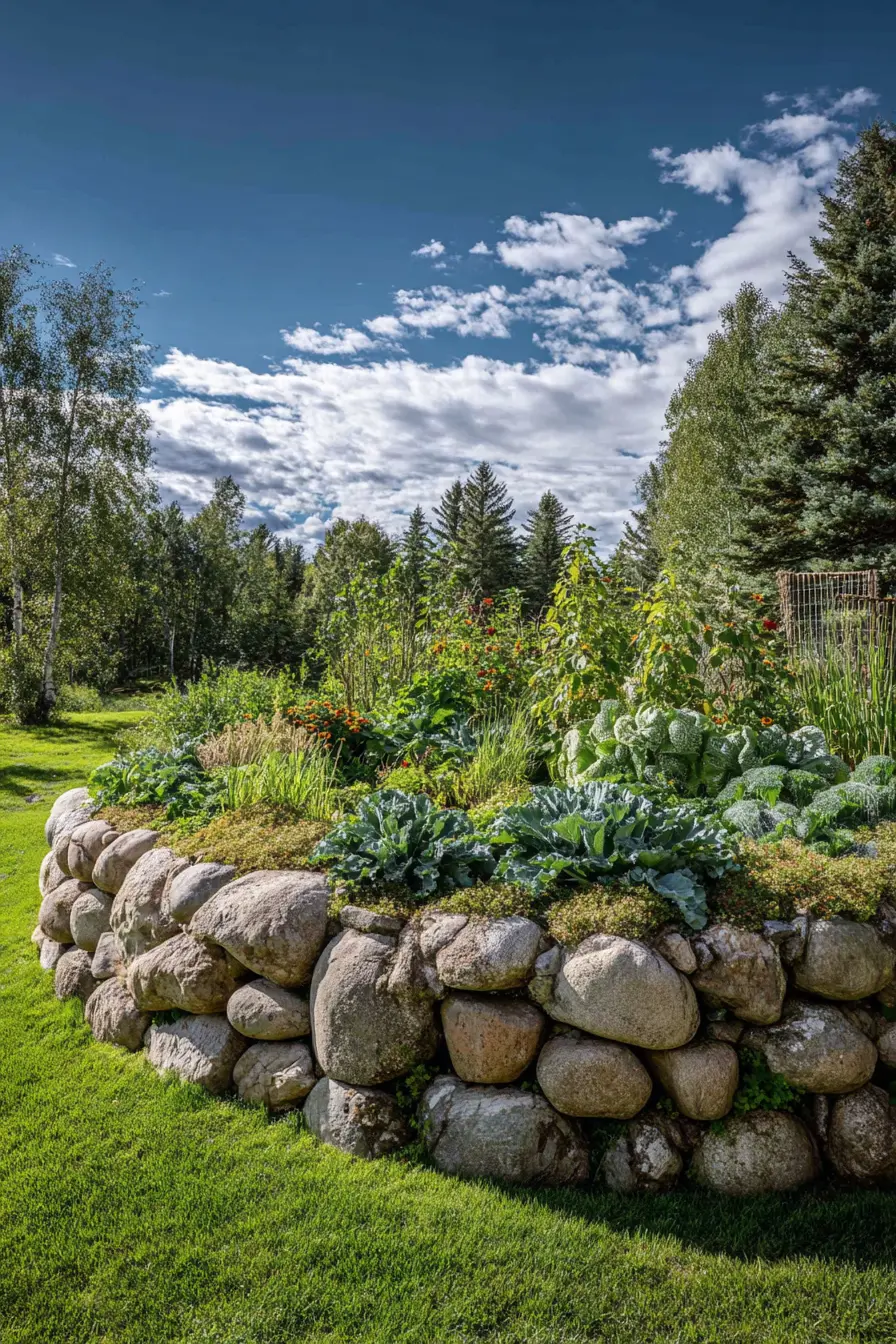 Raised Rock Border with Lush Garden Greens