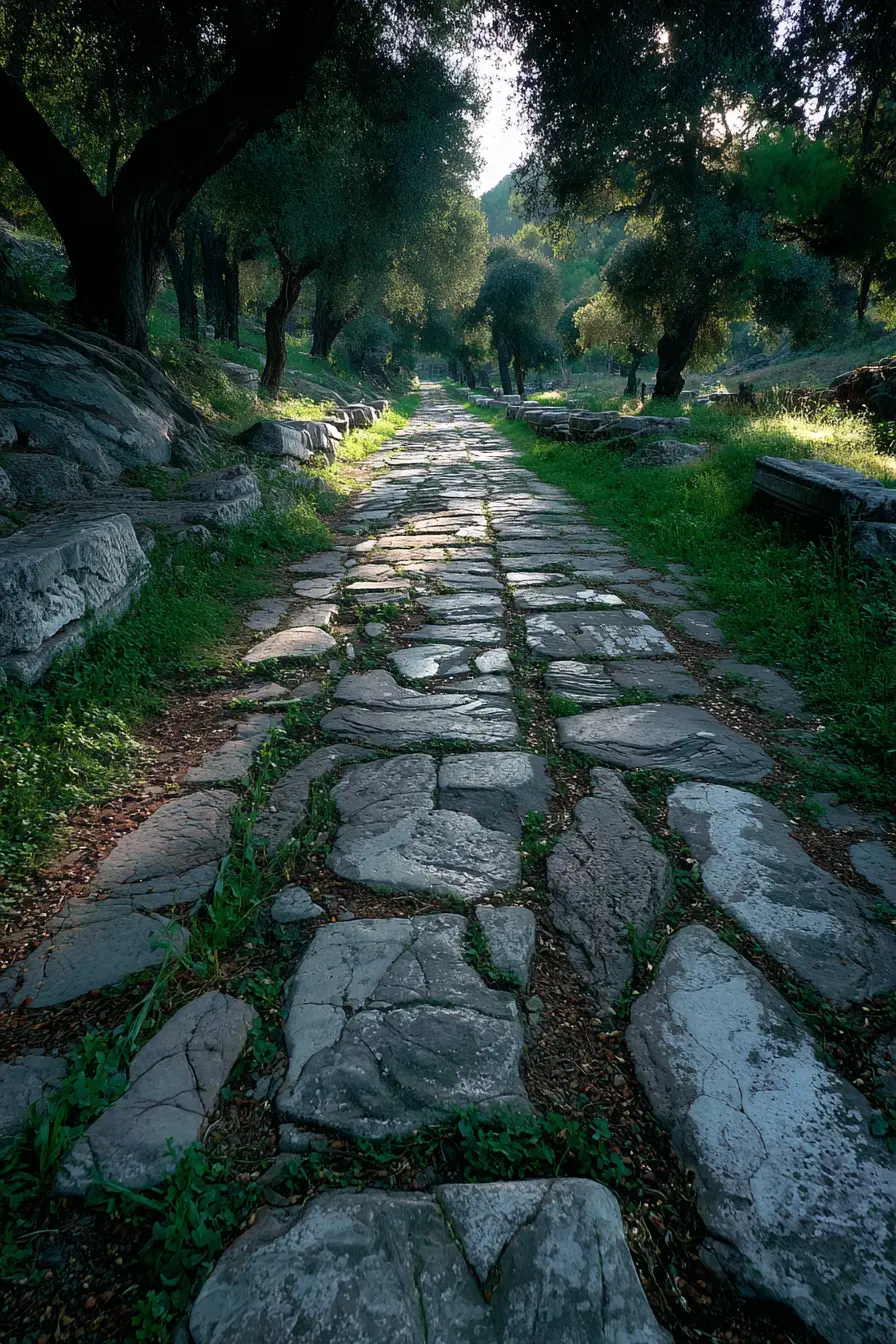 Historic Limestone Walkway Through a Shaded Grove
