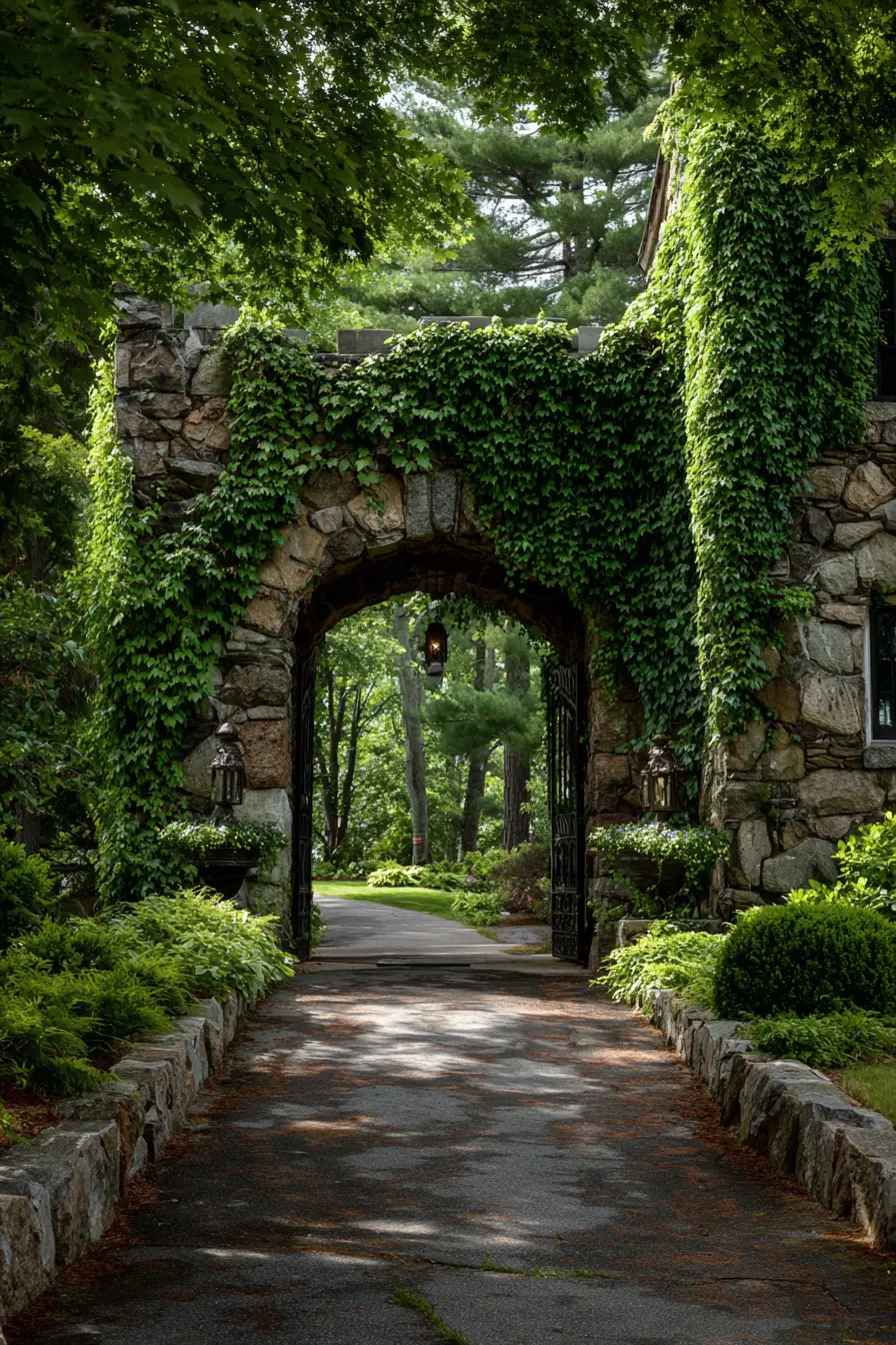 Ranch Driveway with Ivy-Covered Stone Arch