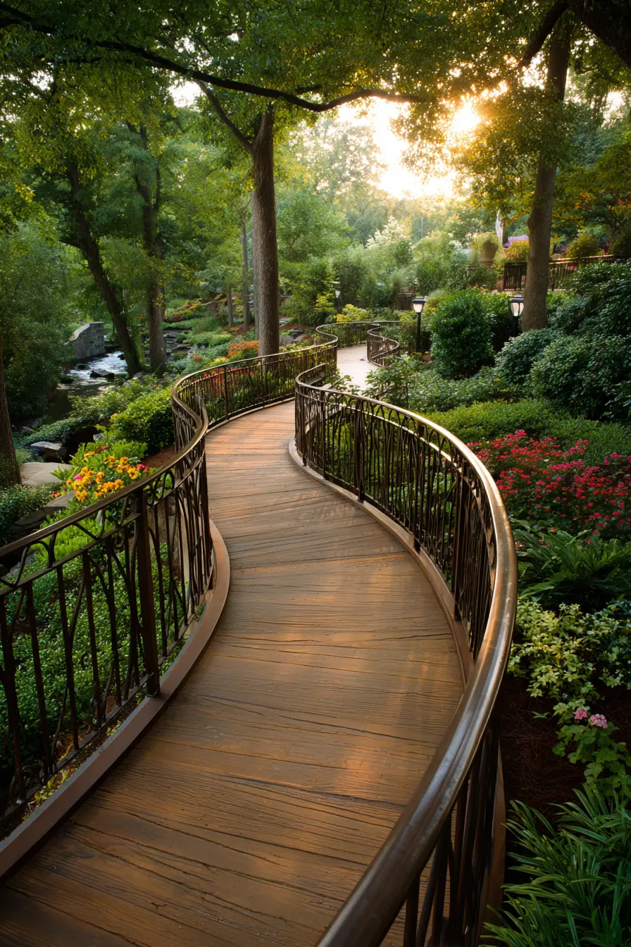 Curved Wooden Walkway with Garden Views