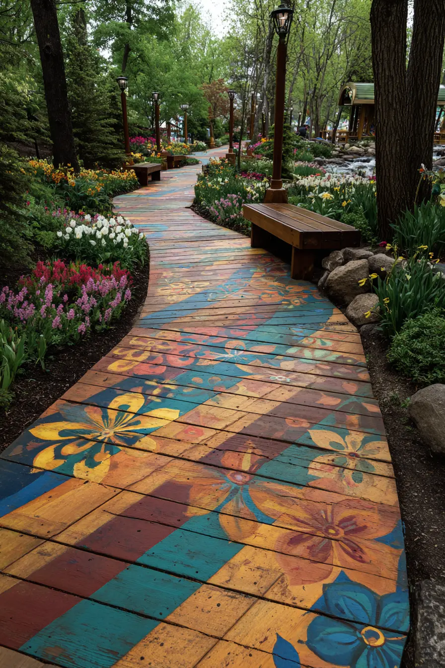 Colorful Painted Wooden Pathway in a Garden