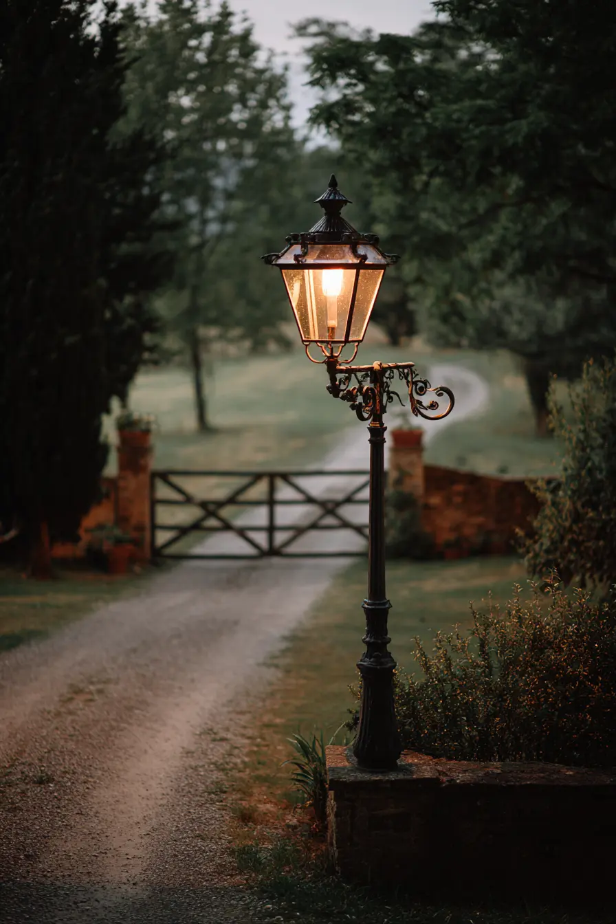 Vintage Driveway Lamp Post with Ornate Arm