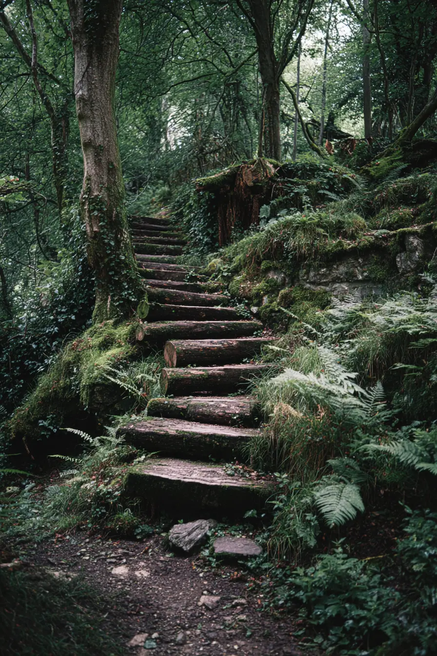 Log Steps Winding Through a Woodland Hillside
